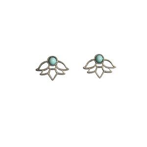 Lotus Flower Earrings Vintage Silver Tone Studs Aqua Stone Lightweight Jewelry